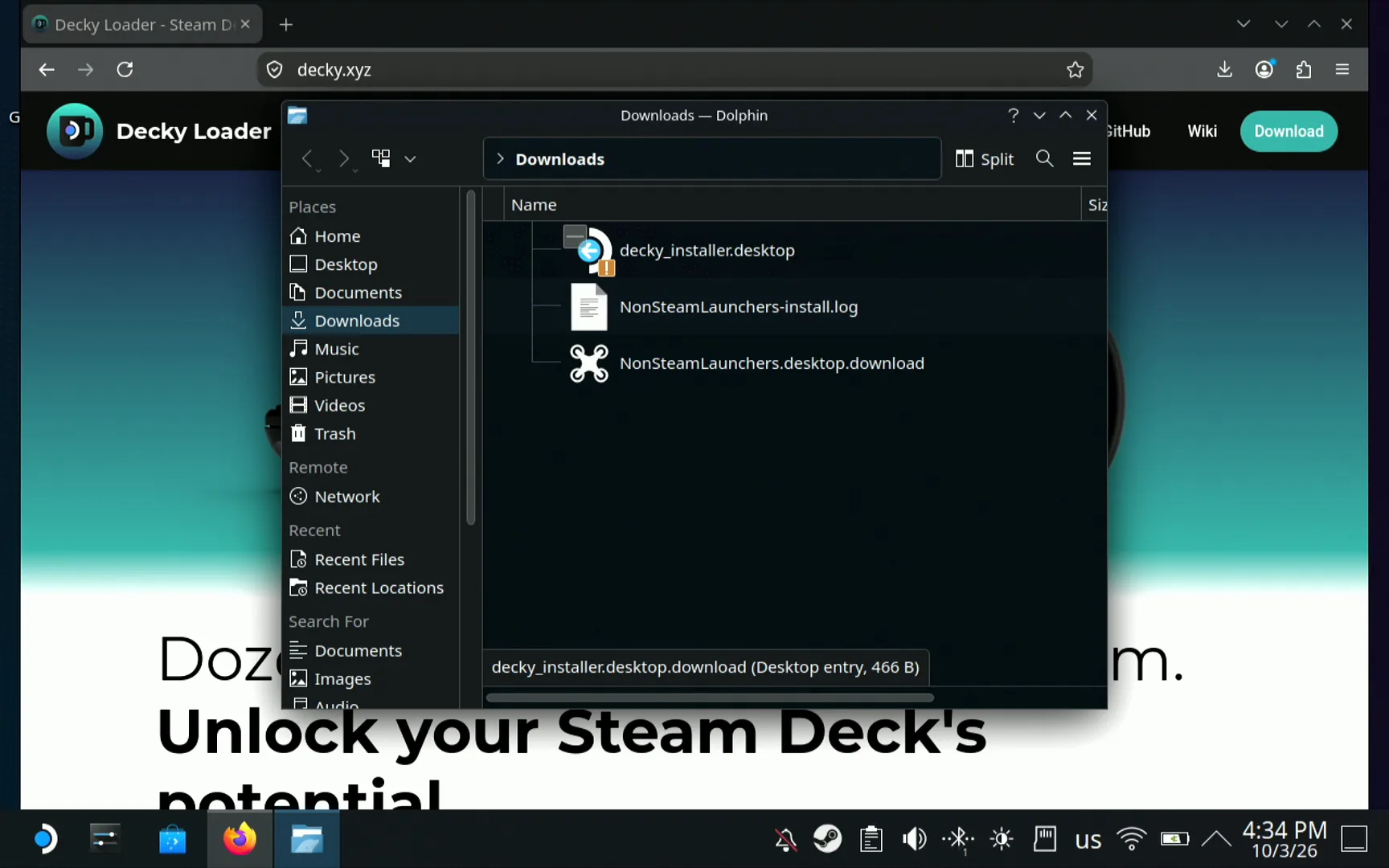 Dolphin's Downloads folder with the file now named decky_installer.desktop