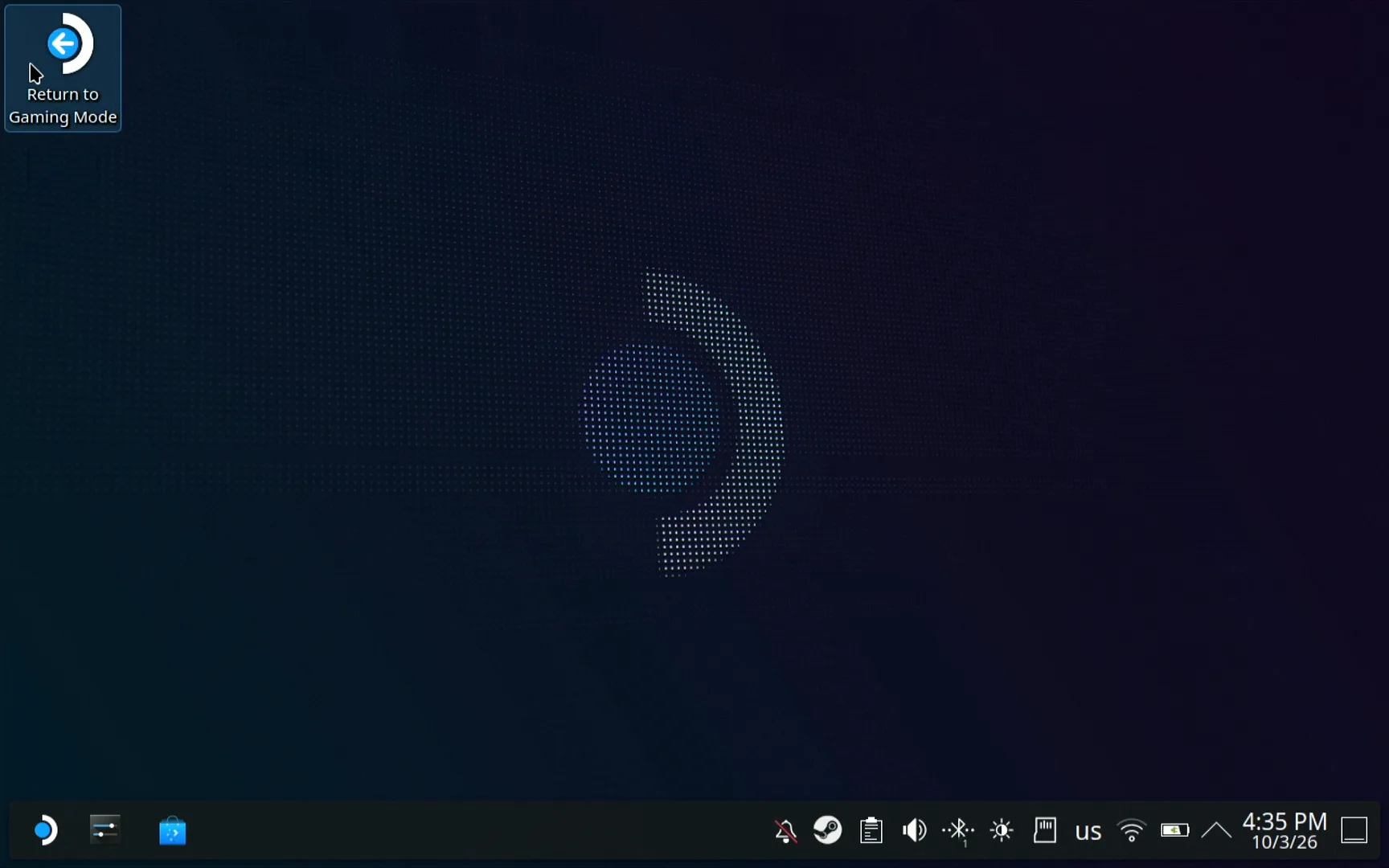 Steam Deck desktop with the Return to Gaming Mode icon selected in the top left corner