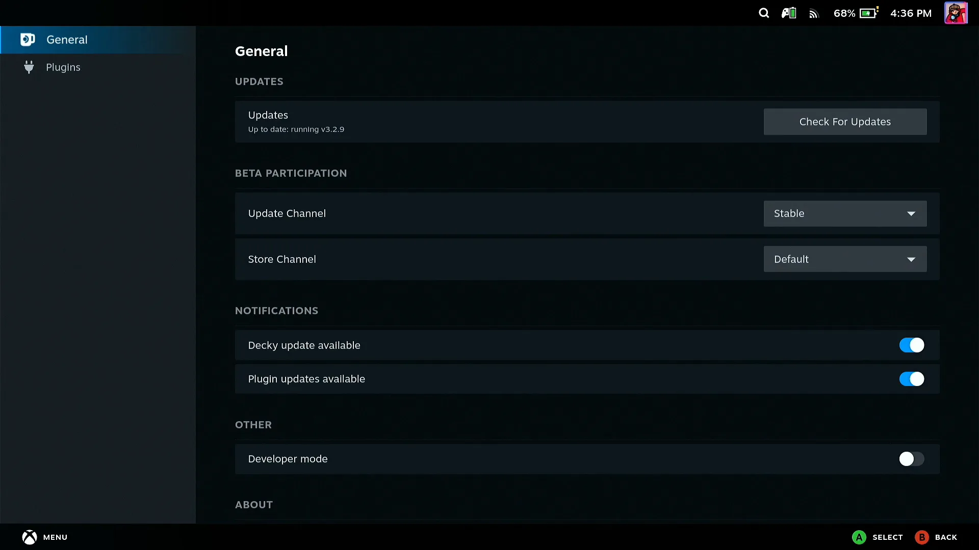 Decky's General settings on the Steam Deck: Updates with Check For Updates, Update Channel set to Stable, and notification switches
