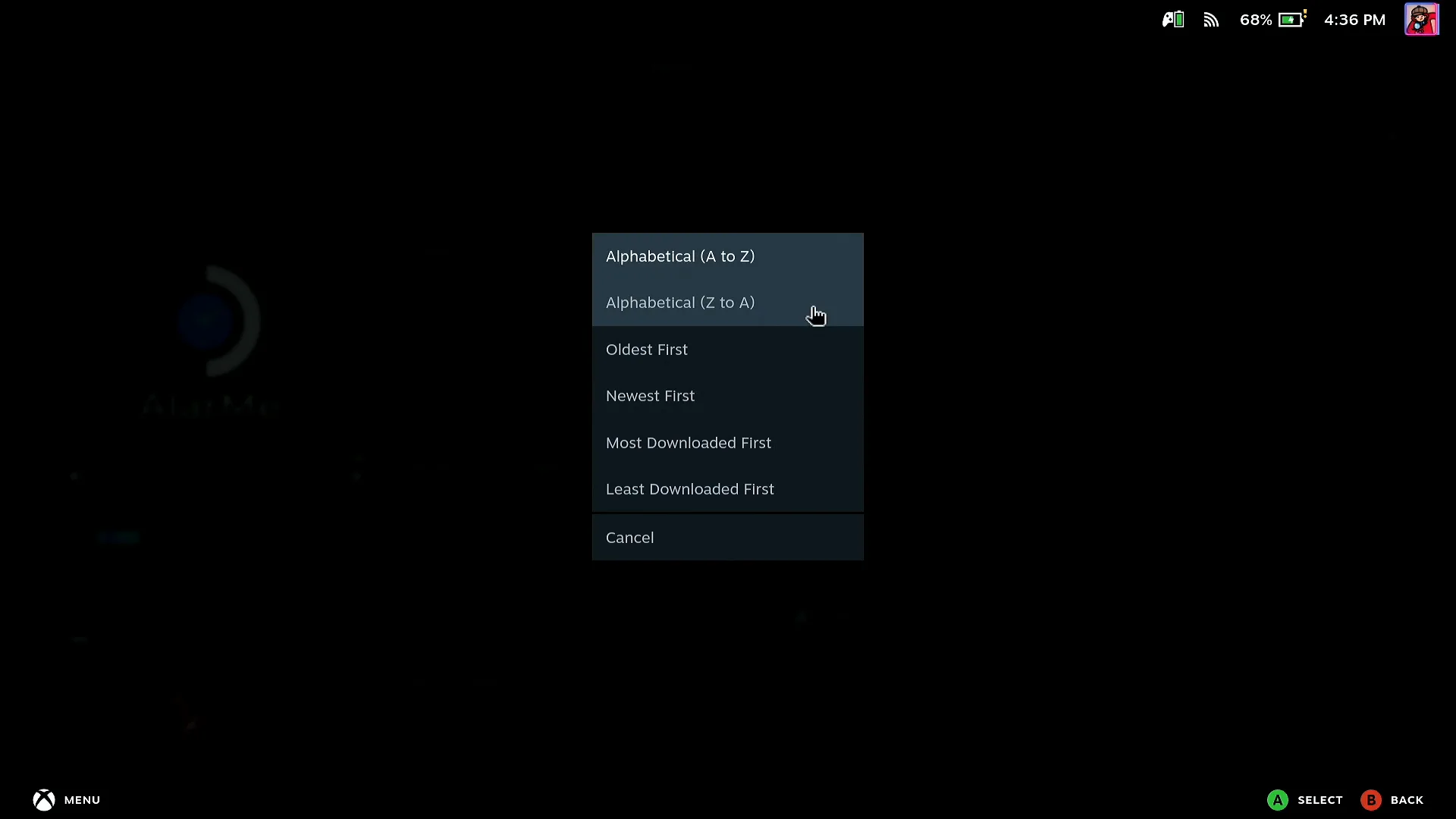 The Decky store's sort list on the Steam Deck with Alphabetical, Oldest First, Newest First, Most Downloaded First and Least Downloaded First
