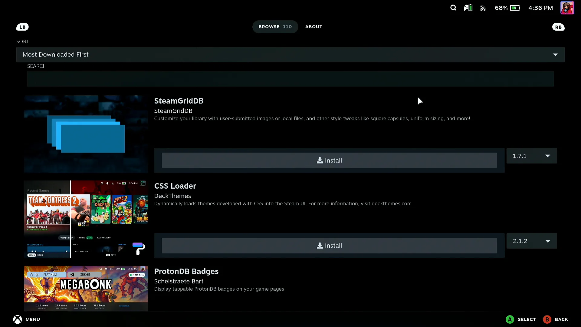 The Decky plugin store on the Steam Deck sorted by Most Downloaded First, showing SteamGridDB, CSS Loader and ProtonDB Badges with Install buttons