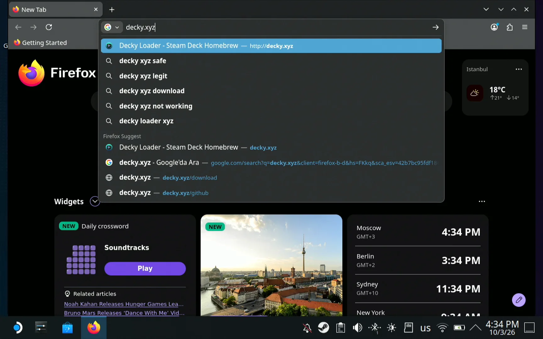 Firefox on the Steam Deck with decky.xyz typed into the address bar and Decky Loader - Steam Deck Homebrew suggested first