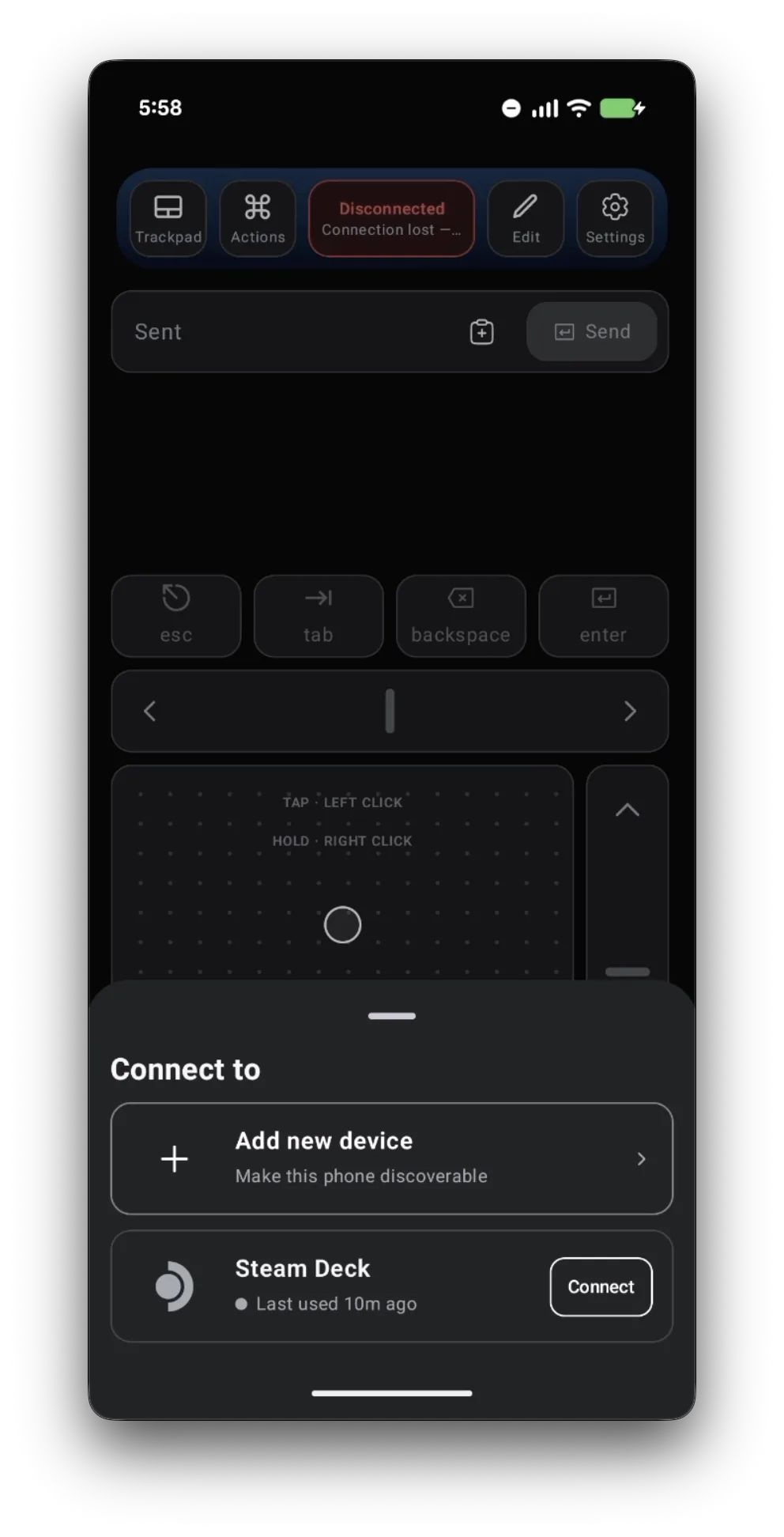 Deck Pointer's Connect to sheet with Add new device and a saved Steam Deck with a Connect button