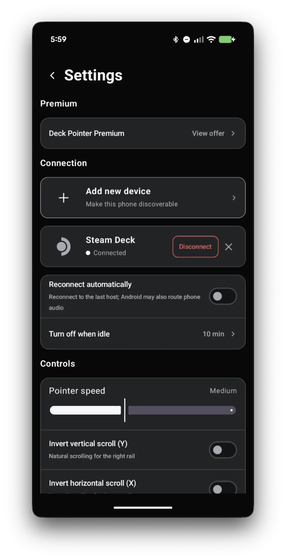 Deck Pointer Settings screen with the Steam Deck connected and the Pointer speed slider under Controls