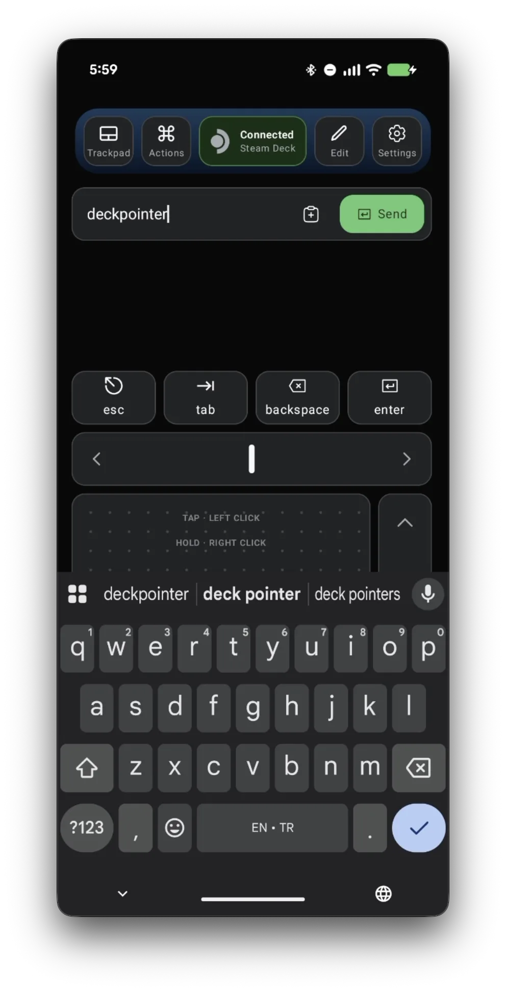 Deck Pointer connected to the Steam Deck with deckpointer typed in the text field and the green Send button