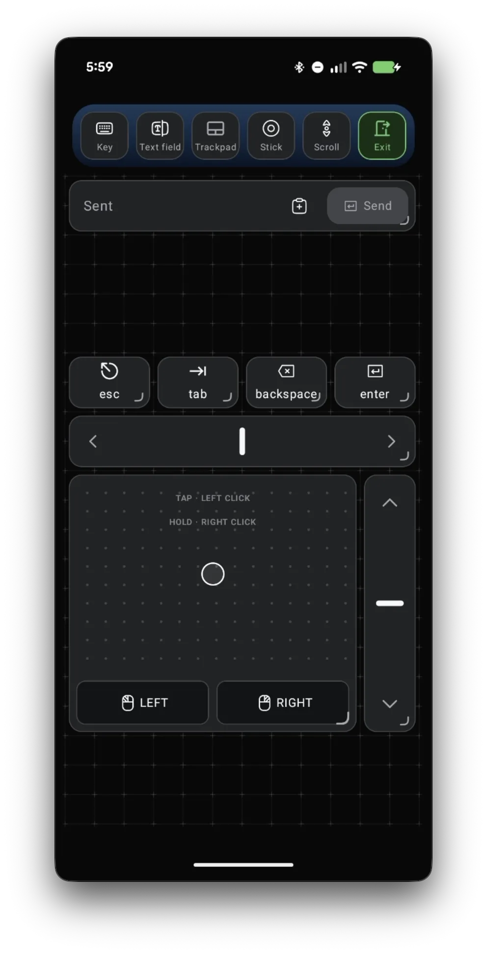 Deck Pointer's layout editor with a grid background and Key, Text field, Trackpad, Stick, Scroll, and Exit buttons