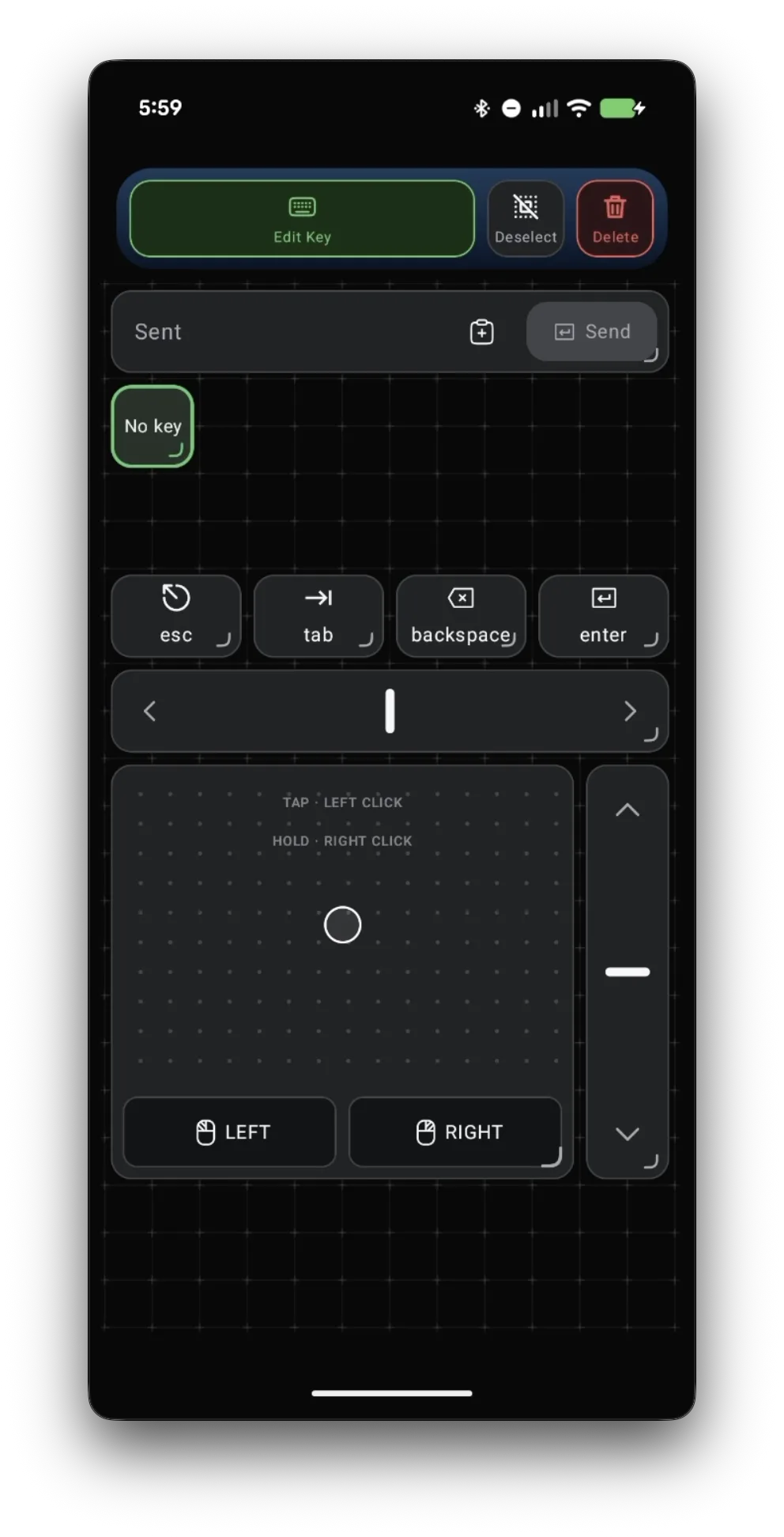 A new No key button on the editor grid with Edit Key, Deselect, and Delete in the top bar