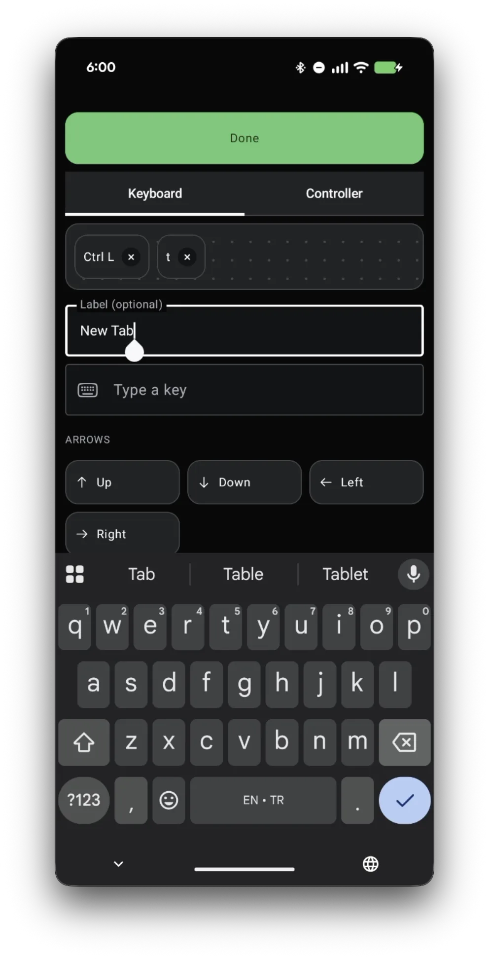 Key settings with Ctrl and T added as a combination and New Tab typed into the optional label field