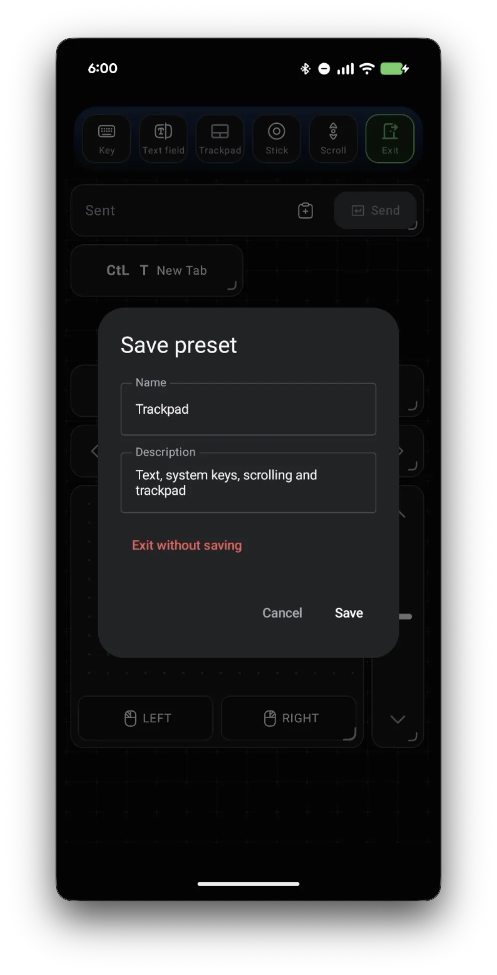 Save preset dialog with the preset name and description, and the new Ctrl T New Tab button on the grid behind it