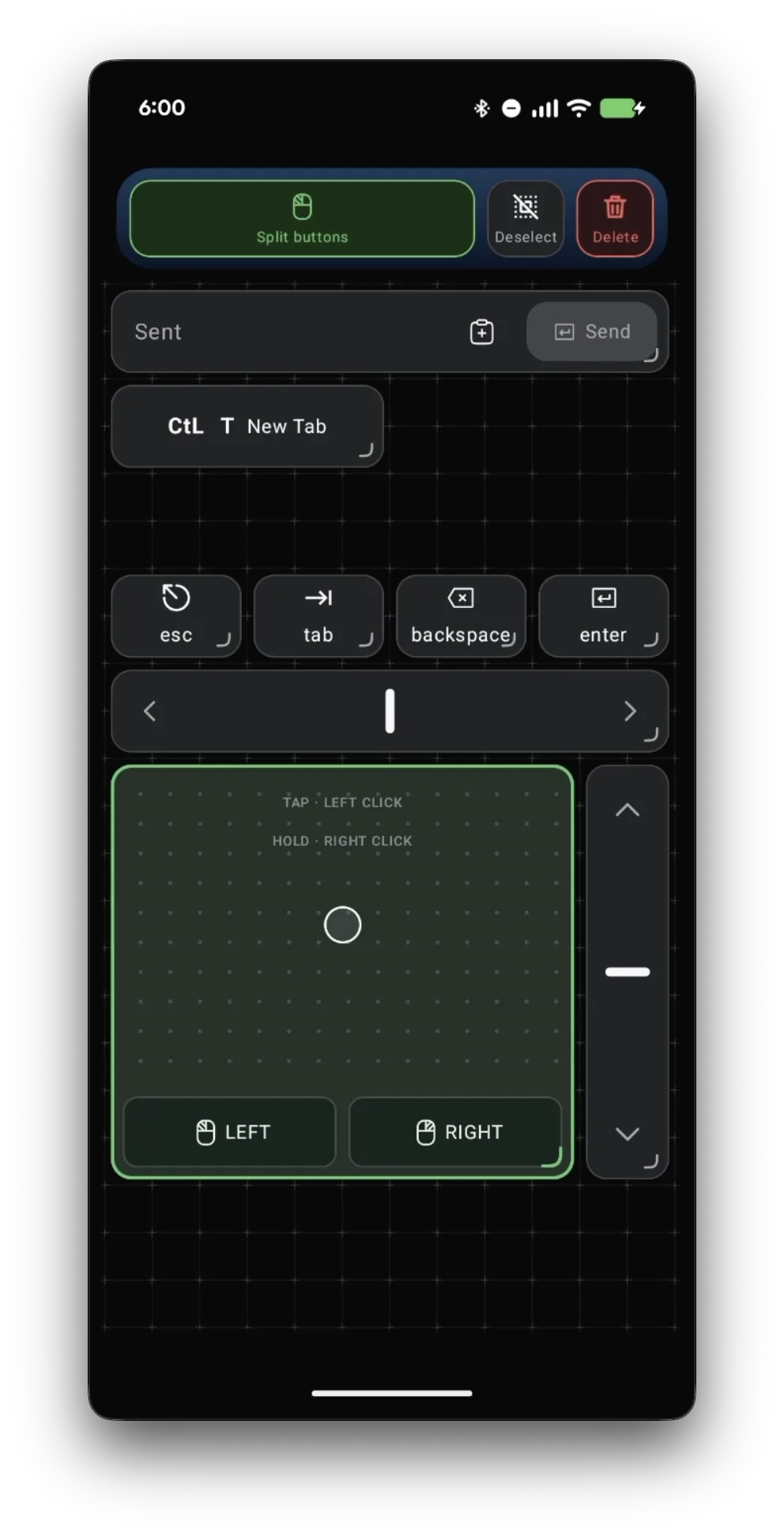 The trackpad selected in the editor with a Split buttons action in the top bar