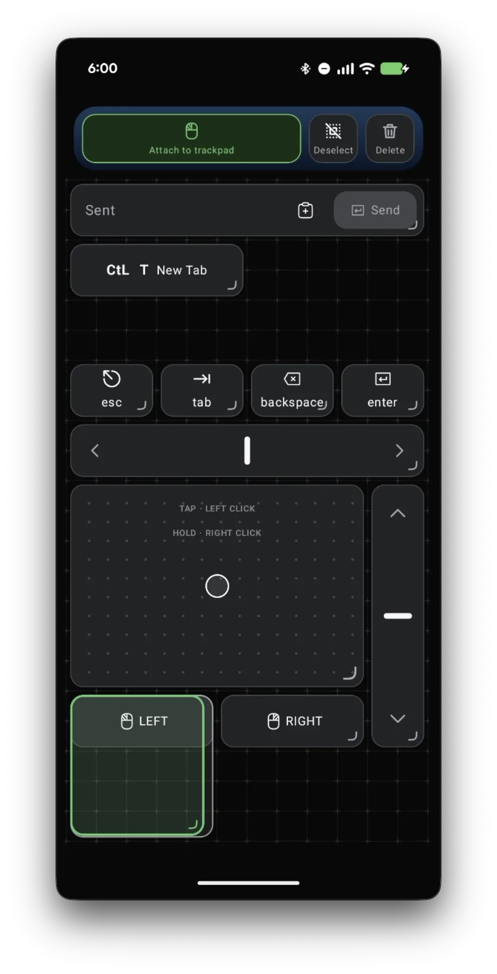 The left mouse button selected and stretched downward in the editor, with Attach to trackpad in the top bar