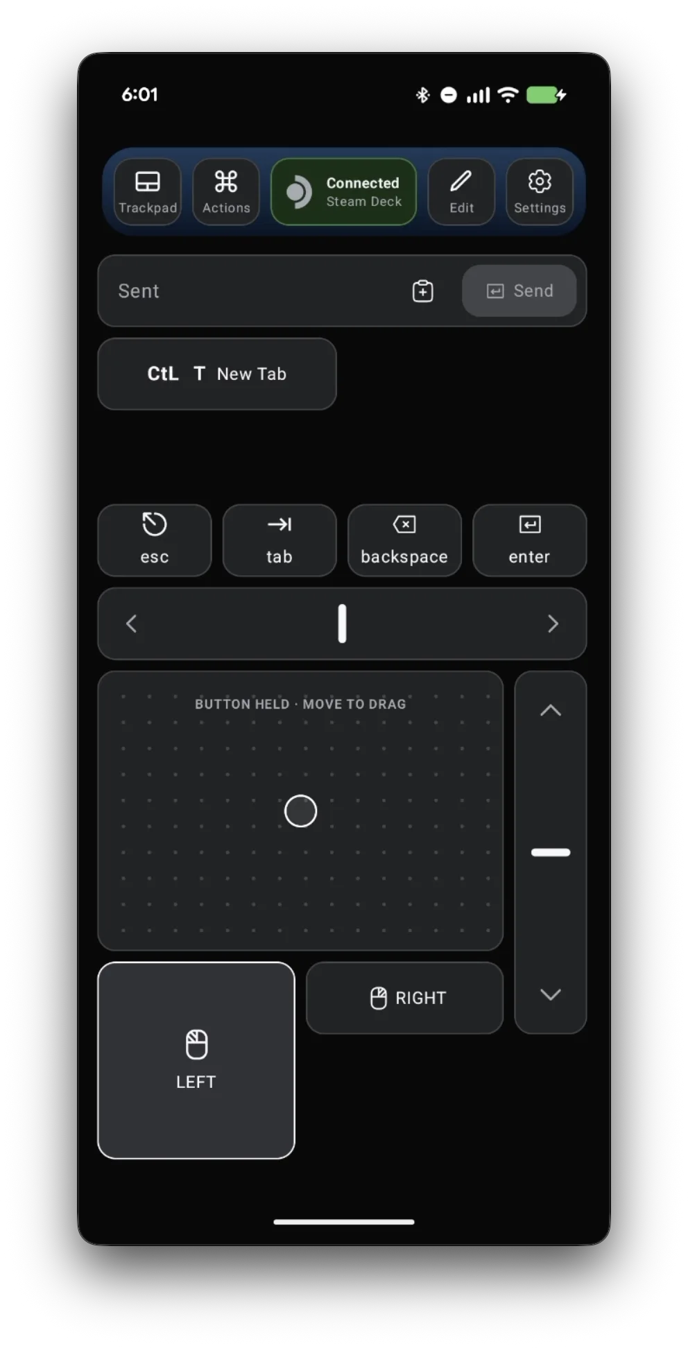 Deck Pointer with a large LEFT button below the trackpad and a Button held, Move to drag hint