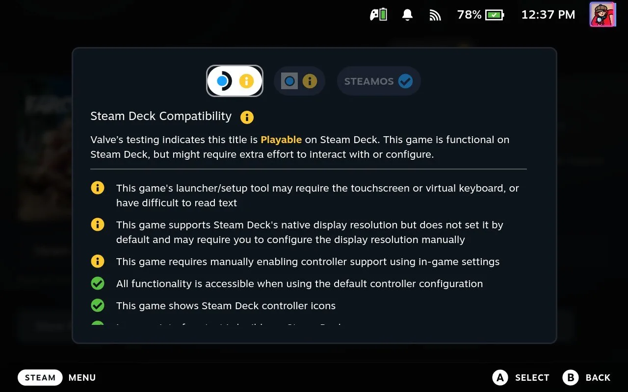 Steam Deck Compatibility panel for Far Cry 3 showing the Playable rating and the warning that the launcher/setup tool may require the touchscreen or virtual keyboard
