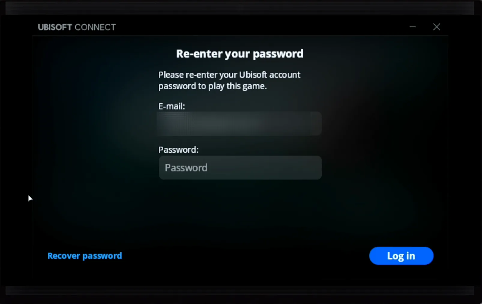 Ubisoft Connect's Re-enter your password dialog on the Steam Deck, with the e-mail field blurred and only the password field empty