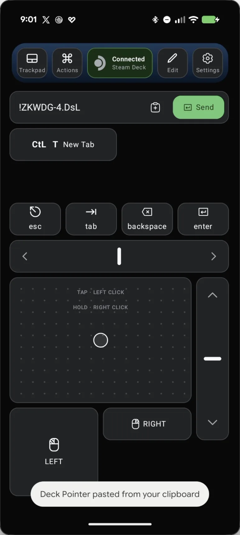 Deck Pointer's toast confirming it pasted the password from the phone's clipboard