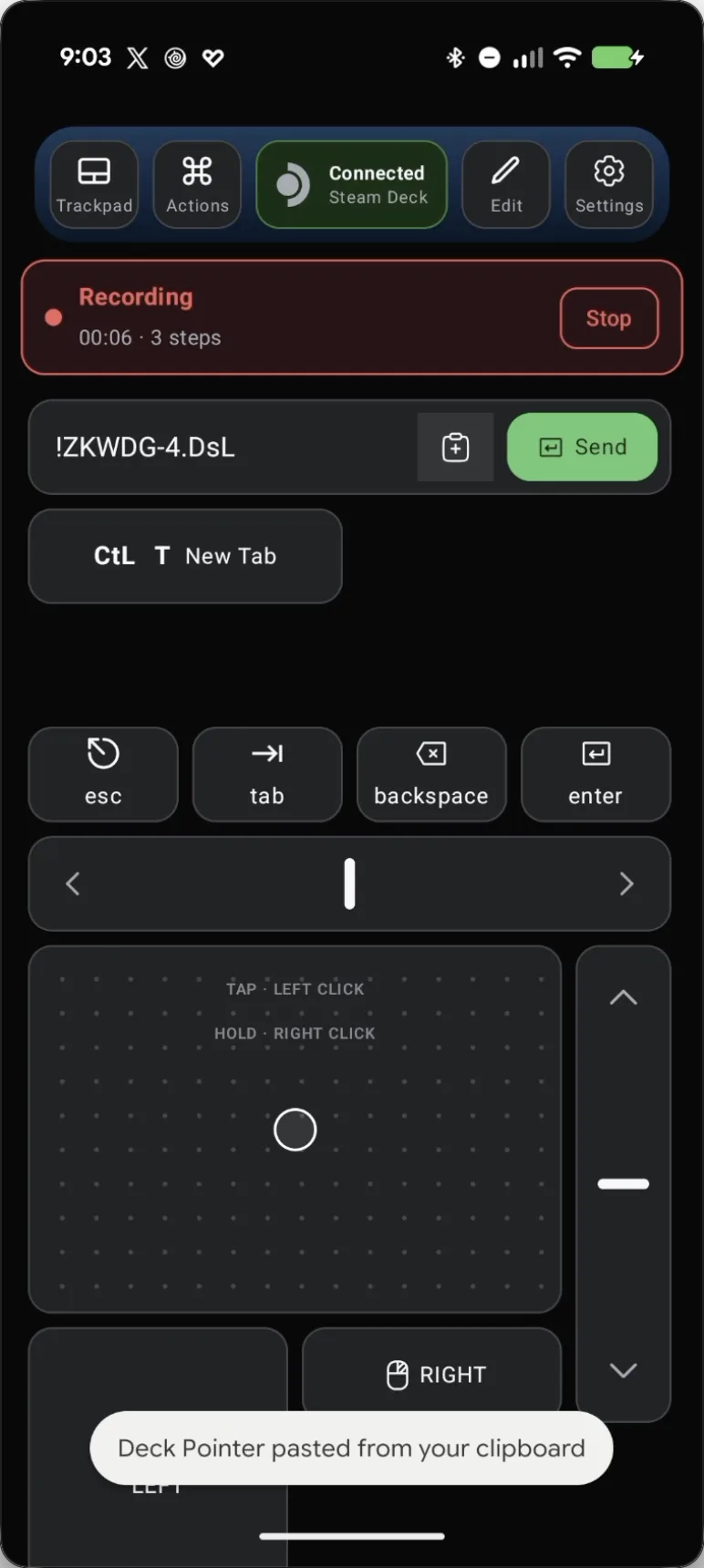 Deck Pointer mid-recording, 3 steps in, with the toast confirming it just pasted the password from the clipboard