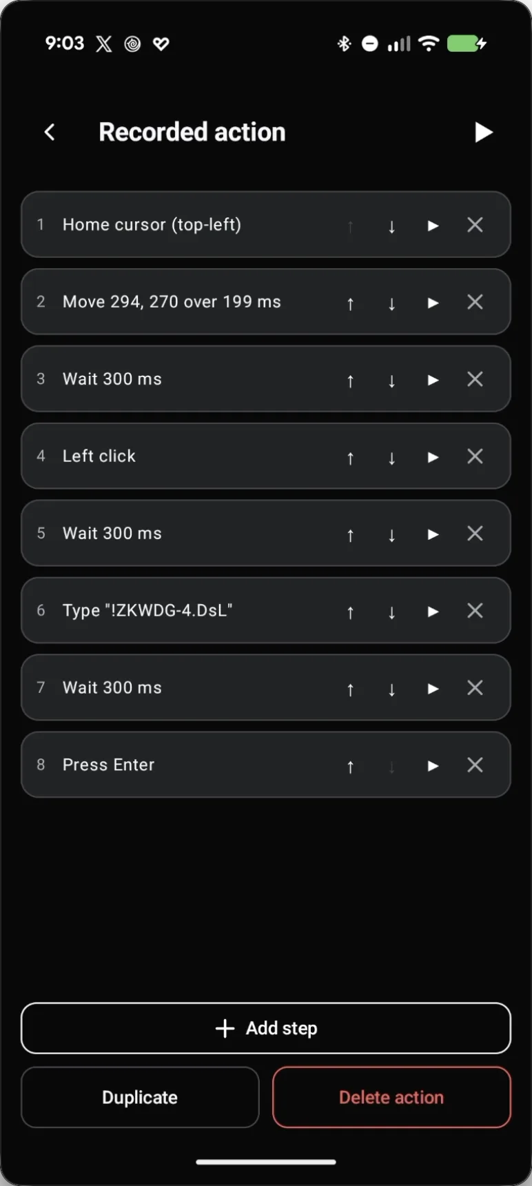 Deck Pointer's Recorded action step list showing Home cursor, Move, Wait, Left click, Wait, a typed-password step, and Press Enter
