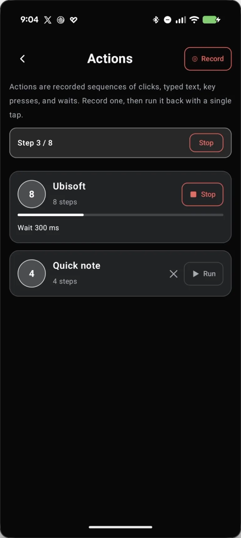 Deck Pointer running the saved Ubisoft action, step 3 of 8, with the Quick note action listed below it
