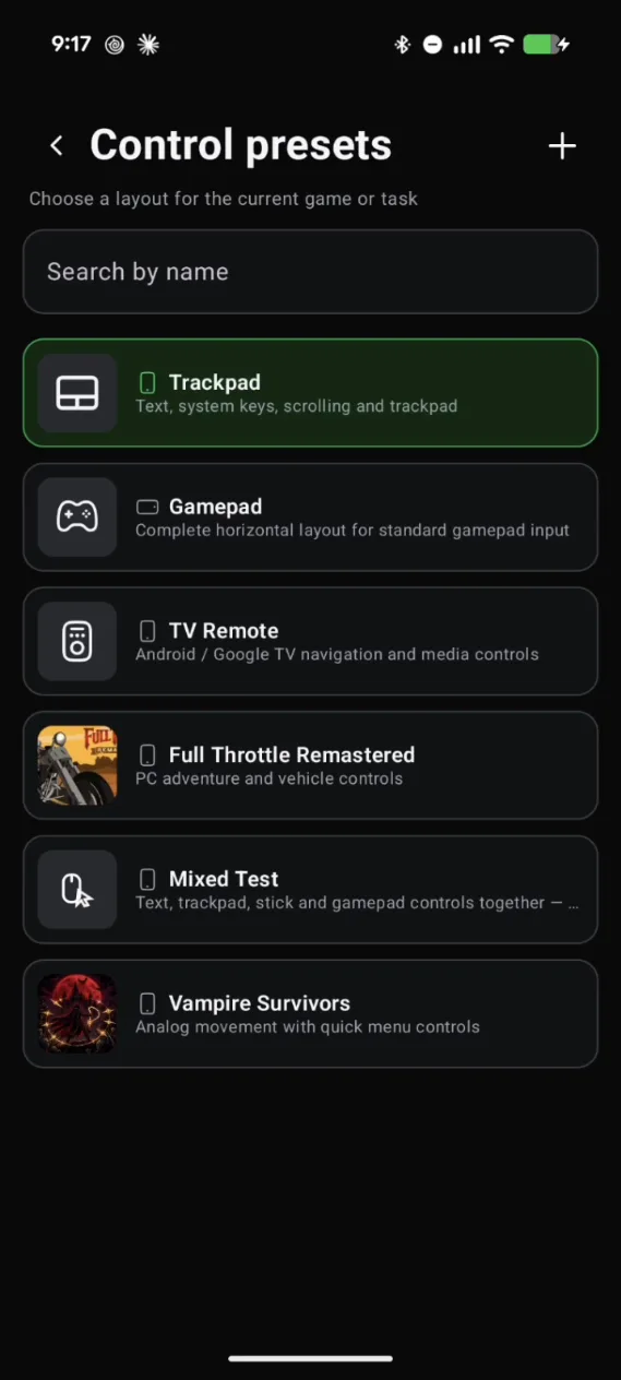 Deck Pointer's Control presets list with Trackpad, Gamepad, TV Remote, Full Throttle Remastered, Mixed Test, and Vampire Survivors