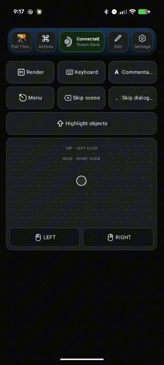 The Full Throttle Remastered preset in Deck Pointer: Render, Keyboard, Commentary, Menu, Skip scene, Skip dialog and Highlight objects buttons above a trackpad with Left and Right click