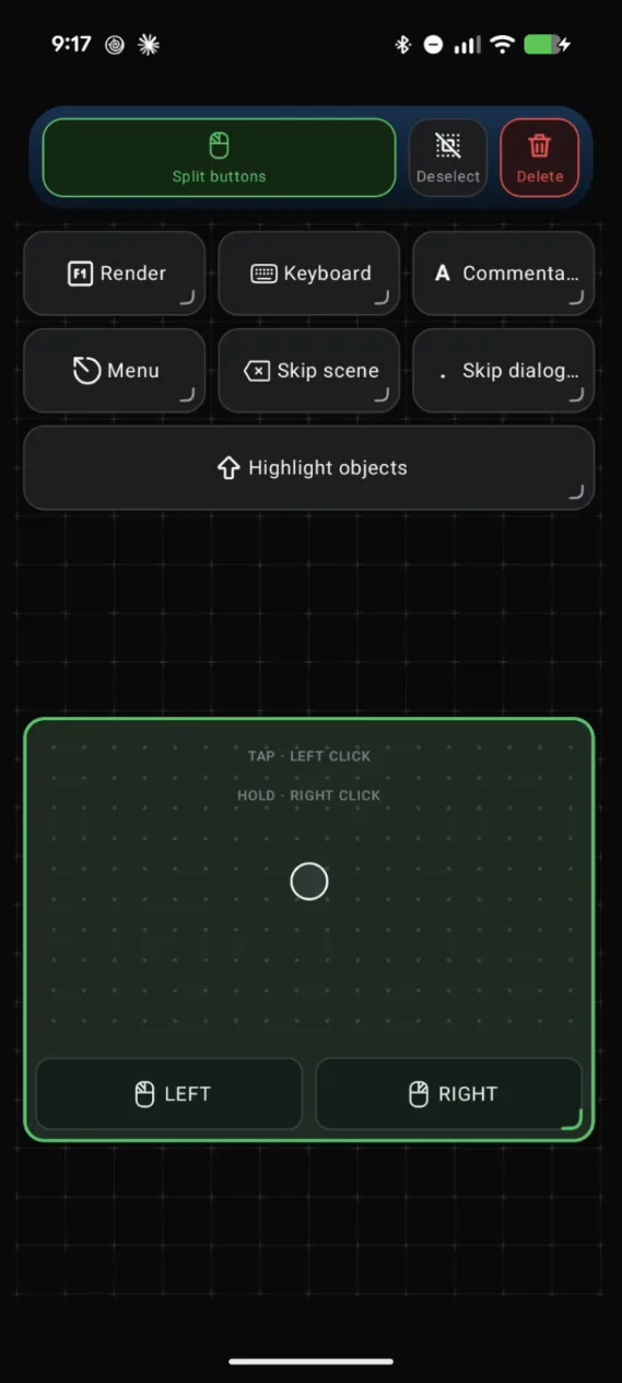 Deck Pointer's layout editor with the trackpad selected and the Split buttons, Deselect, and Delete options at the top