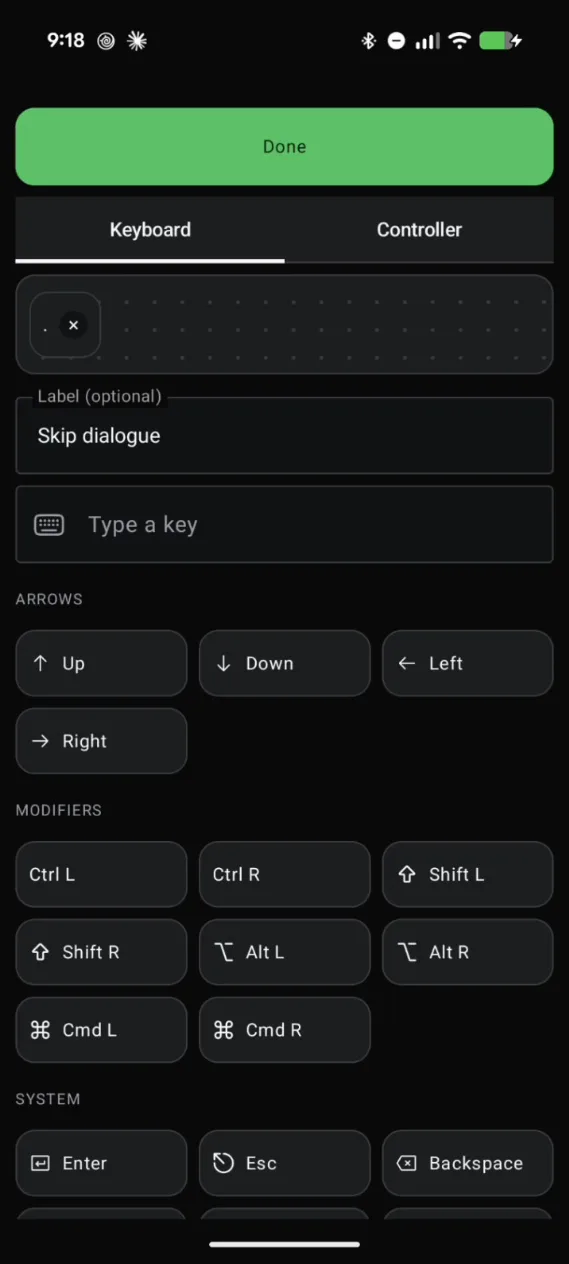 Deck Pointer's key editor for the Skip dialog button: the period key selected and the label Skip dialogue, with arrow and modifier keys below