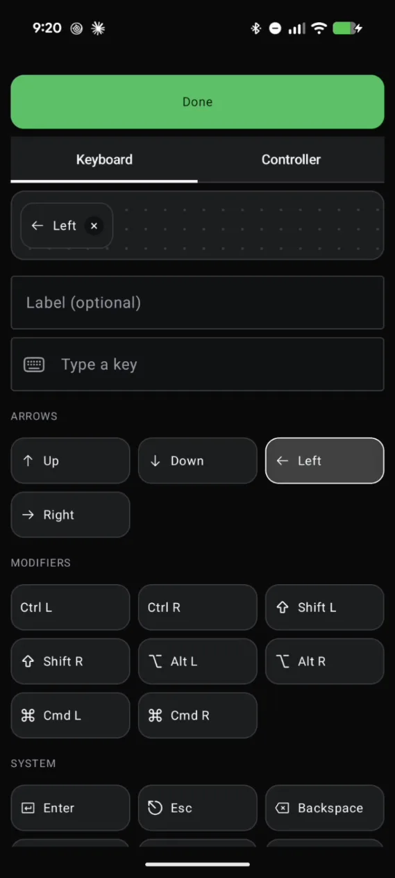 Deck Pointer's key editor with the Left arrow key selected for a new button