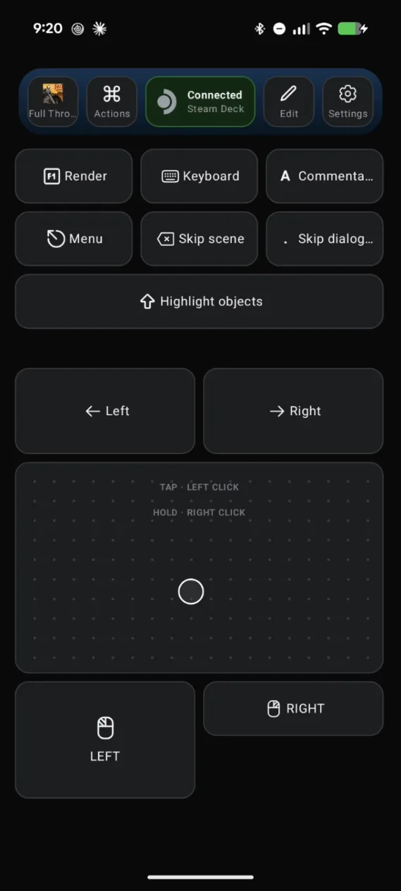 The Full Throttle preset with new large Left and Right buttons placed above the trackpad