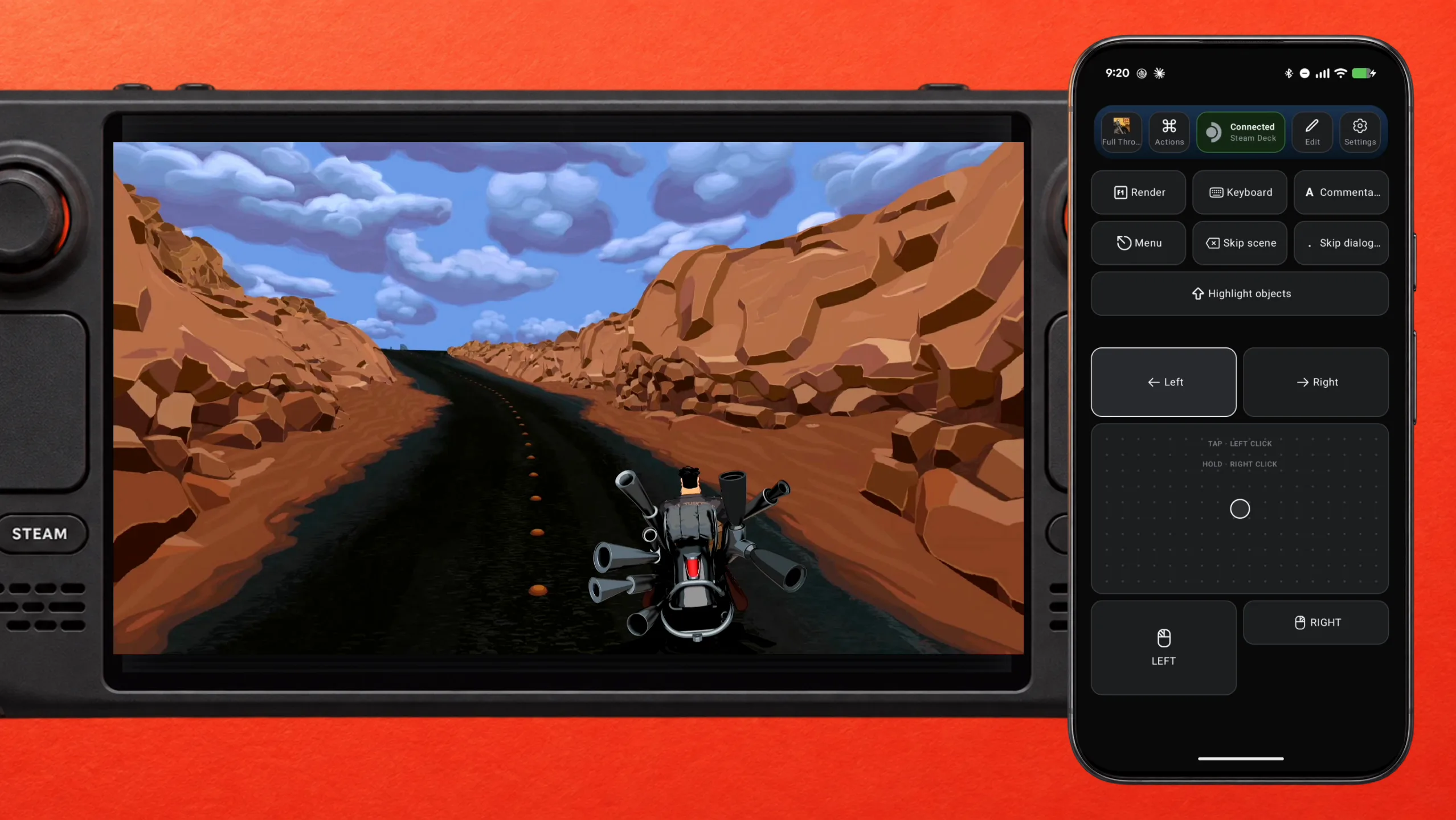 Ben riding his motorcycle down a canyon road on the Steam Deck while the Left button is pressed in Deck Pointer's Full Throttle preset on the phone