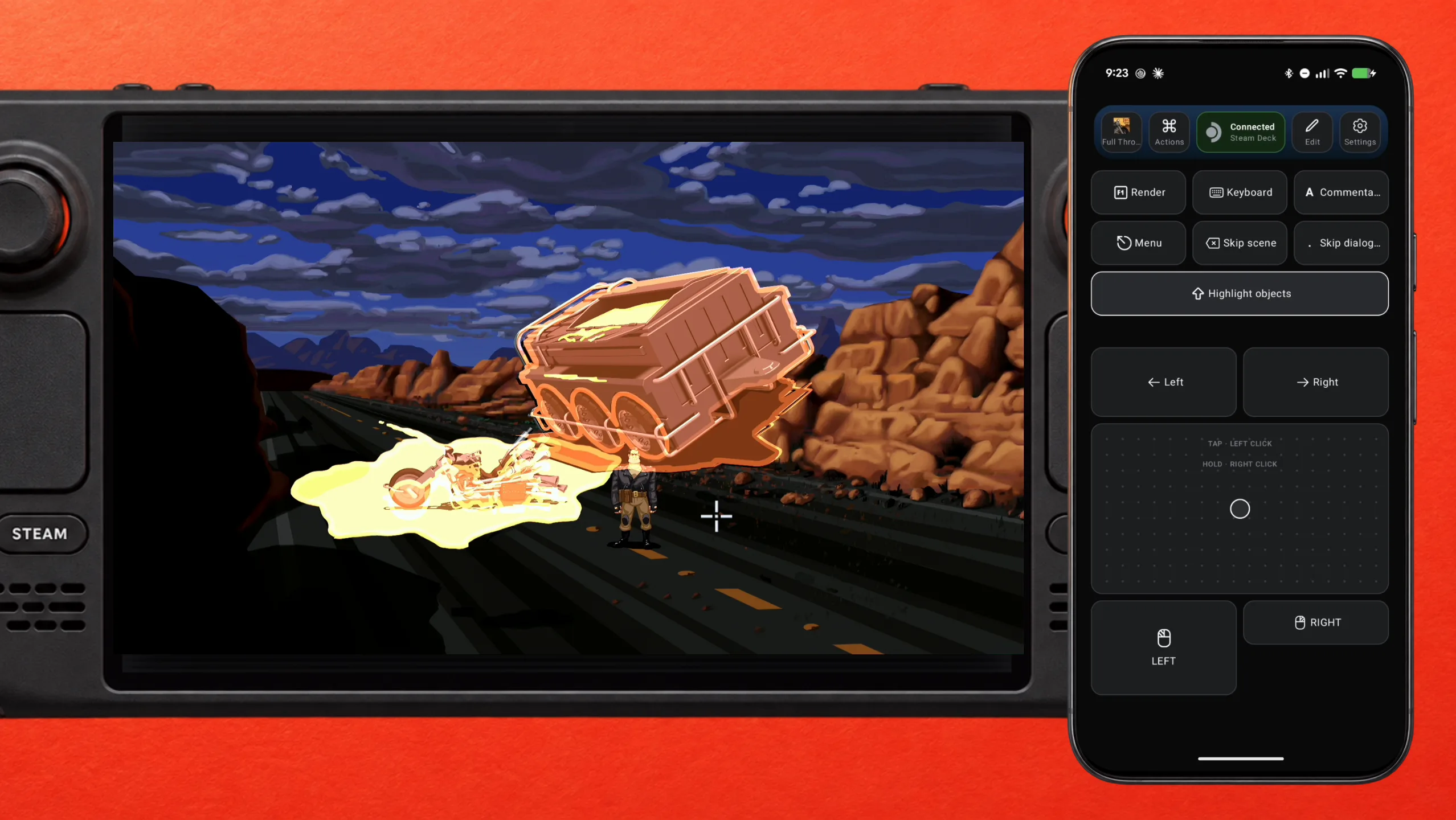 The motorcycle and the truck glowing as highlighted hotspots on the Steam Deck while Highlight objects is held in Deck Pointer on the phone