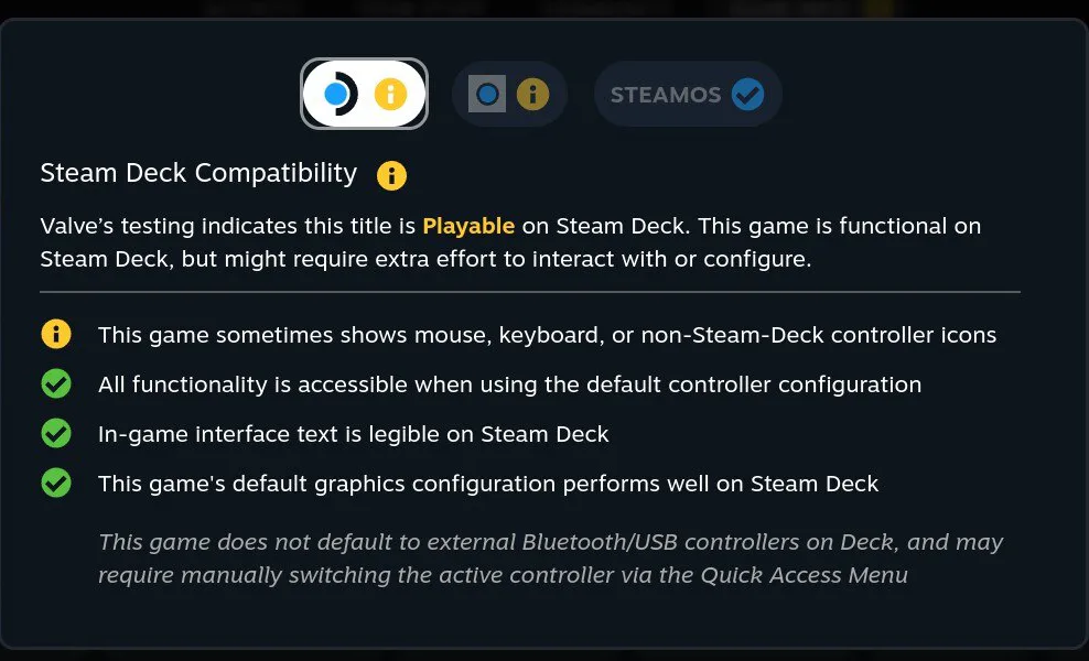 Steam Deck Compatibility panel for Full Throttle Remastered, noting it sometimes shows mouse or keyboard icons and doesn't default to external Bluetooth controllers