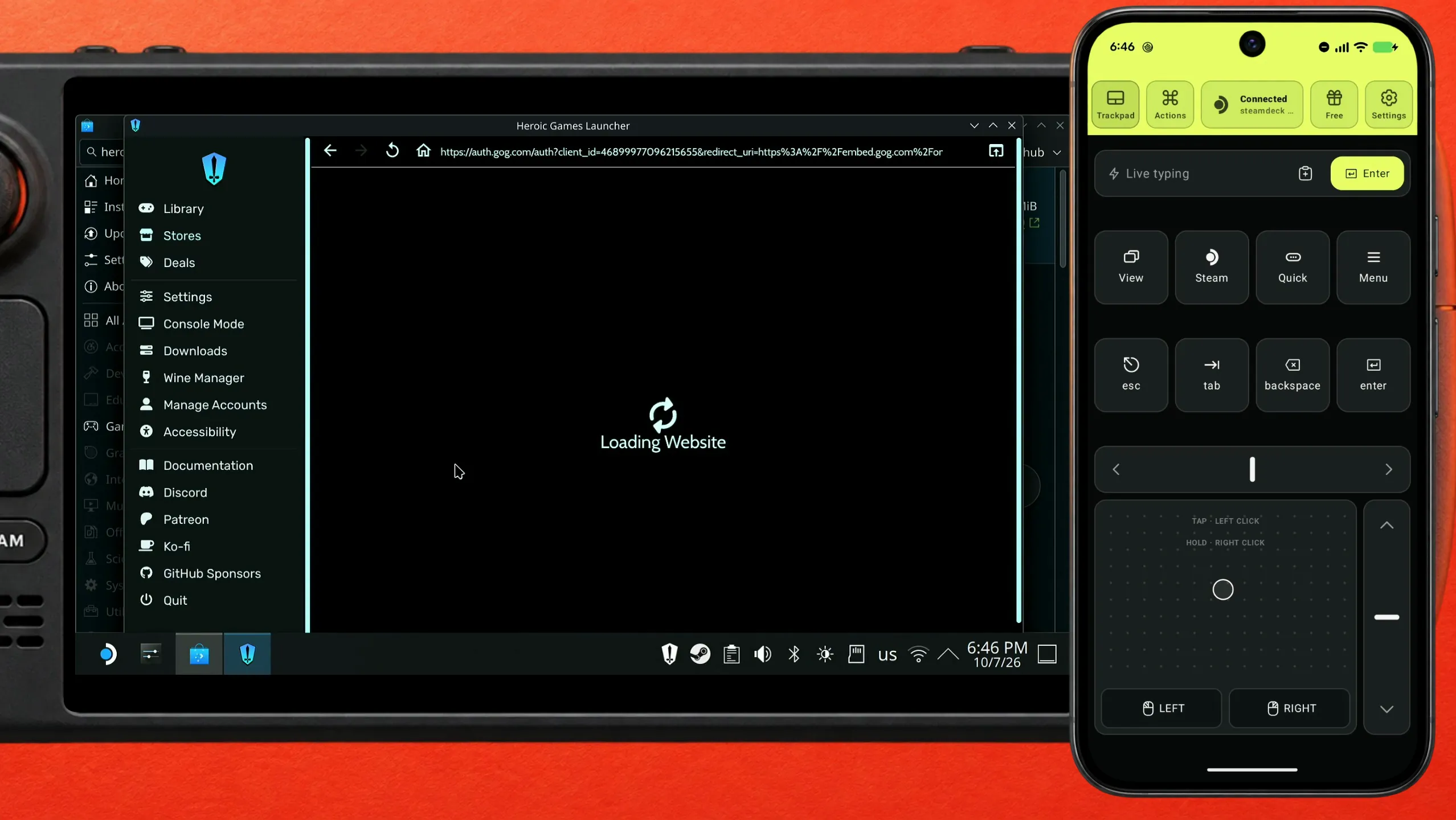 HeroicがGOGのログインページを読み込んでいる。アドレスバーにはauth.gog.comと表示されている