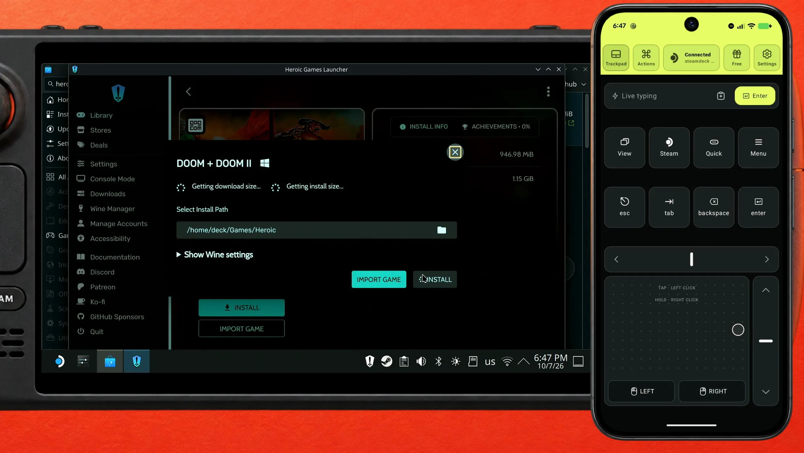 HeroicのDOOM + DOOM IIのインストールダイアログ。インストール先のパスとINSTALLボタンが表示されている