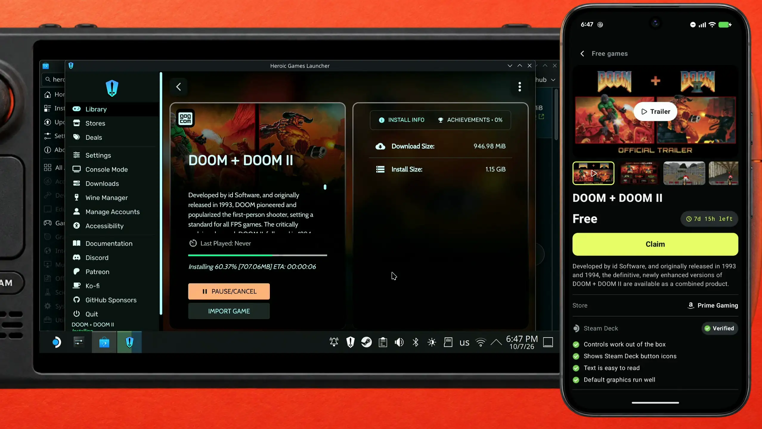 Steam Deck上のHeroicでゲームをダウンロード中。隣のDeck PointerにはSteam Deck VerifiedのDOOM + DOOM IIのFree gamesカードが表示されている
