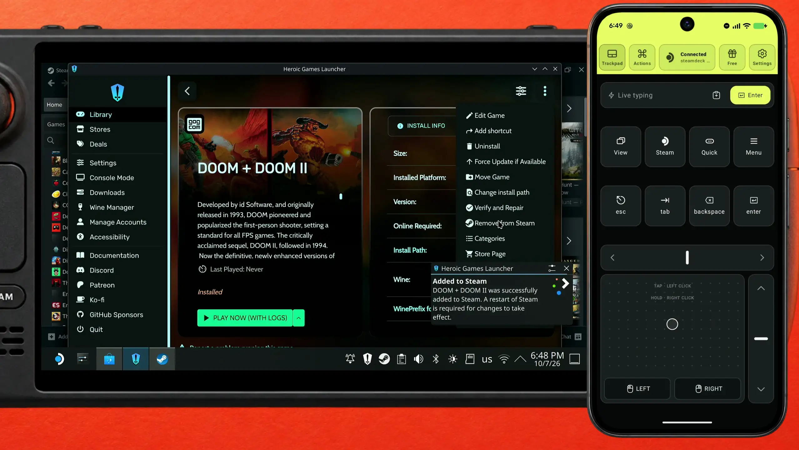 DOOM + DOOM IIがSteamに追加されたこと、そしてSteamの再起動が必要なことを知らせるHeroicの通知