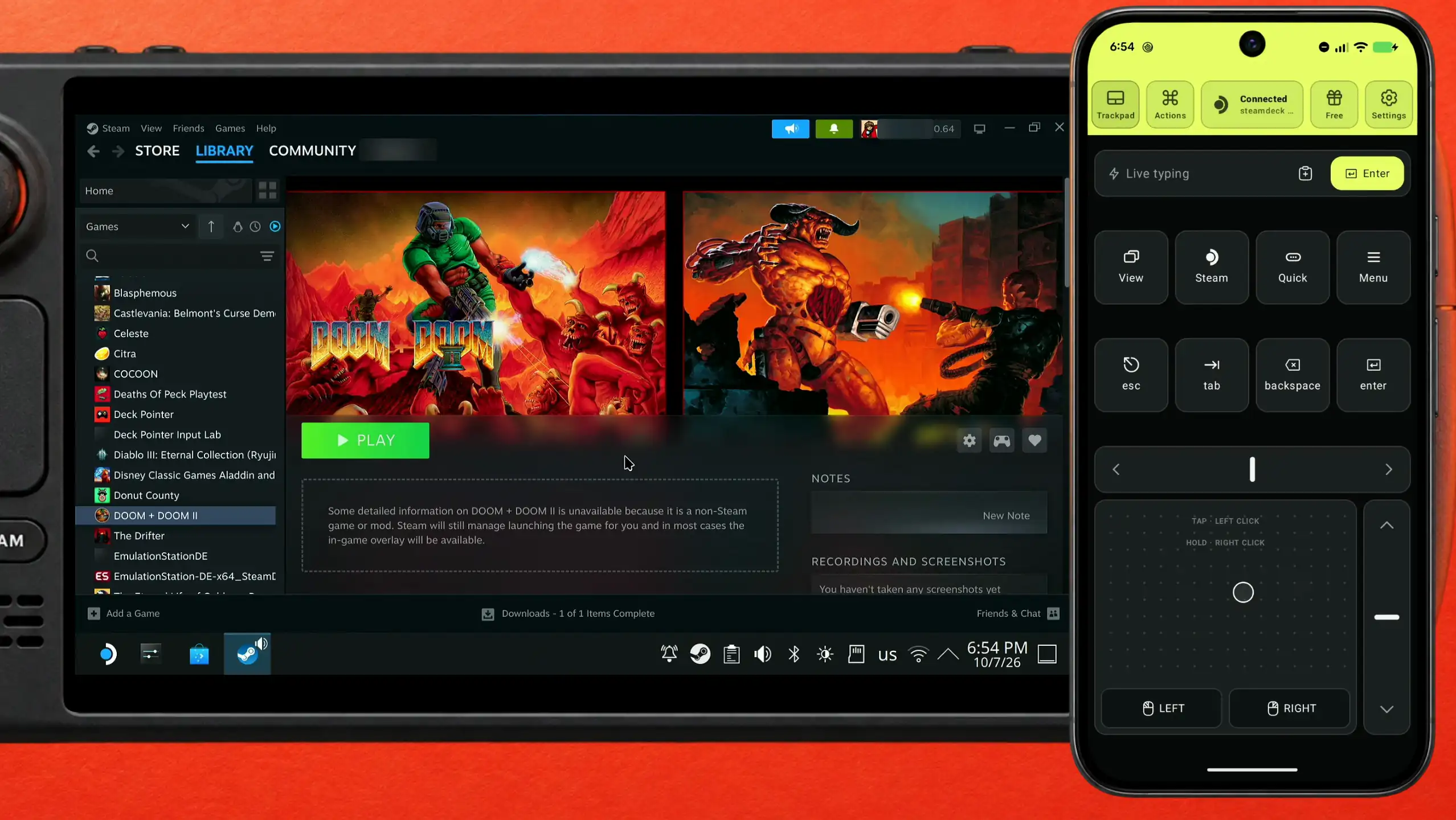 再起動後のSteam Deck上のSteamライブラリに表示されたDOOM + DOOM IIとそのPlayボタン