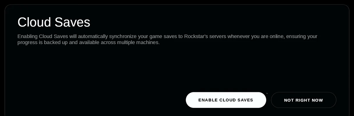 Rockstar's Cloud Saves dialog on the Steam Deck with the Enable cloud saves and Not right now buttons
