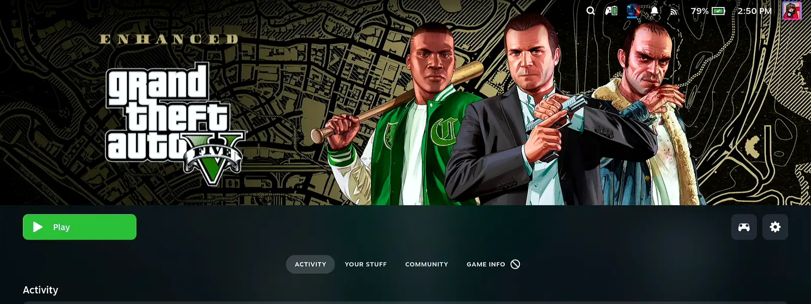 Grand Theft Auto V Enhanced in the Steam library on the Steam Deck in Game Mode, with the green Play button