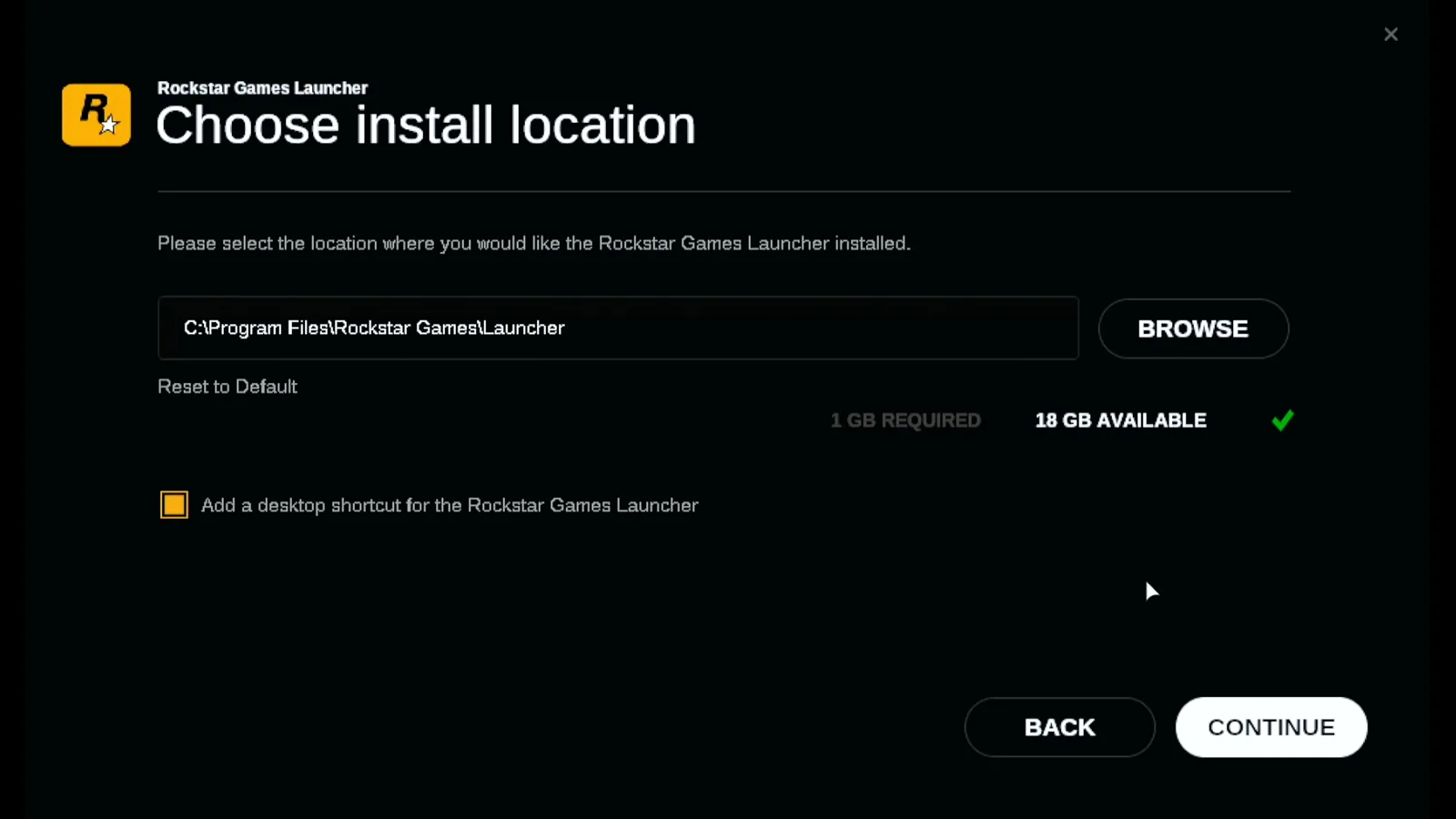 Rockstar Games Launcher installer on the Steam Deck at Choose install location, with the default path and a Continue button