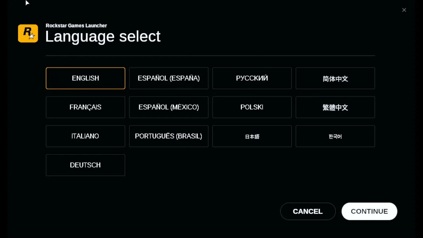 Rockstar Games Launcher installer on the Steam Deck at Language select, with English chosen and the Cancel and Continue buttons