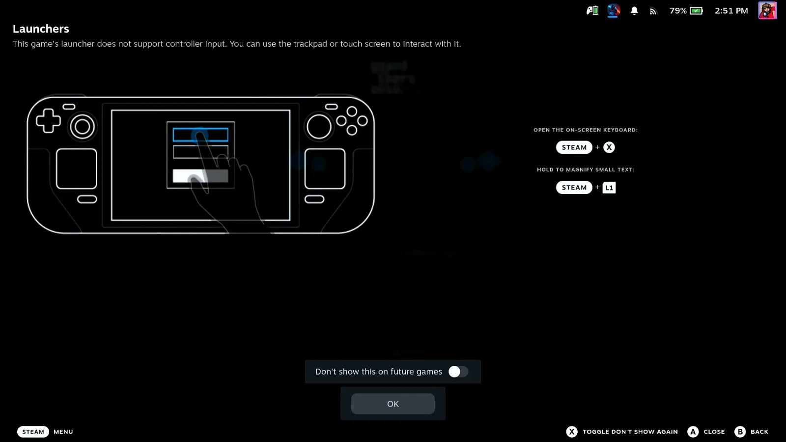 Steam's Launchers notice on the Steam Deck: this game's launcher does not support controller input, with an OK button