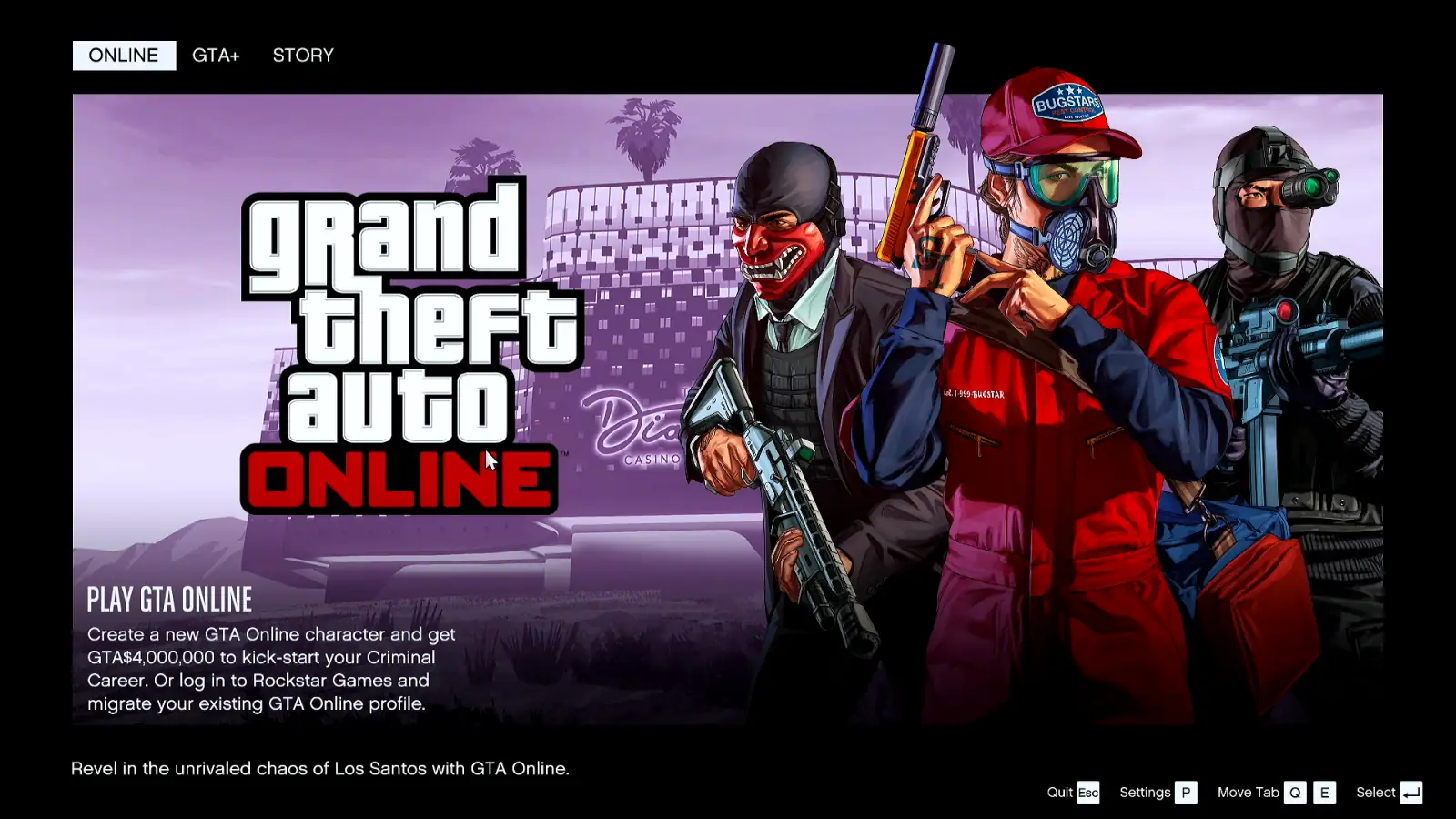 GTA V main menu on the Steam Deck with the Online, GTA+ and Story tabs and the Play GTA Online page