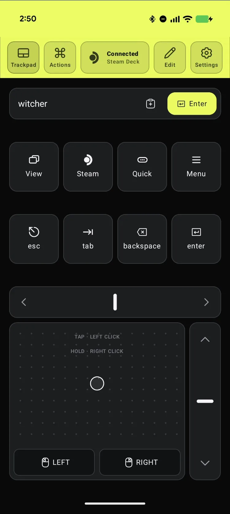 Deck Pointer on the phone with the chip at the top reading Connected, Steam Deck, above the text field, shortcut keys and trackpad