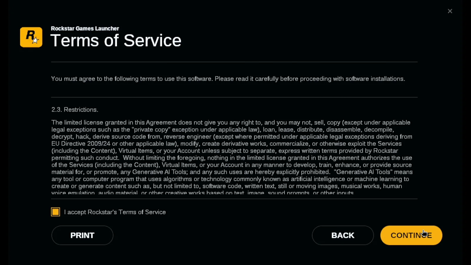 Rockstar Games Launcher on the Steam Deck showing the Terms of Service scrolled to section 2.3, with I accept Rockstar's Terms of Service ticked and Continue highlighted