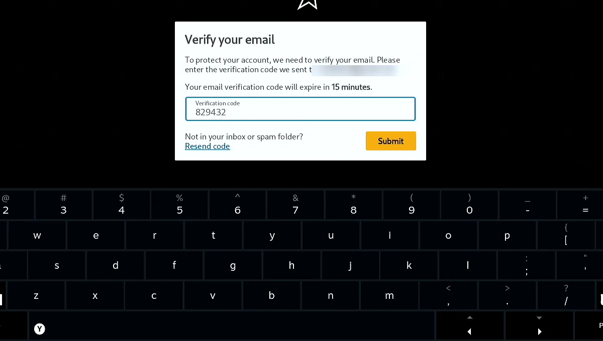 Rockstar's Verify your email dialog on the Steam Deck with the e-mail address blurred and the pasted verification code in the field, next to the Submit button