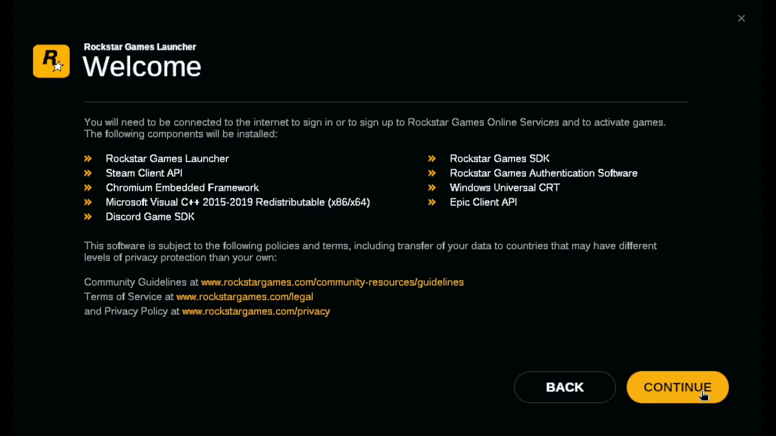 Rockstar Games Launcher installer Welcome screen listing the components it installs, with Continue highlighted
