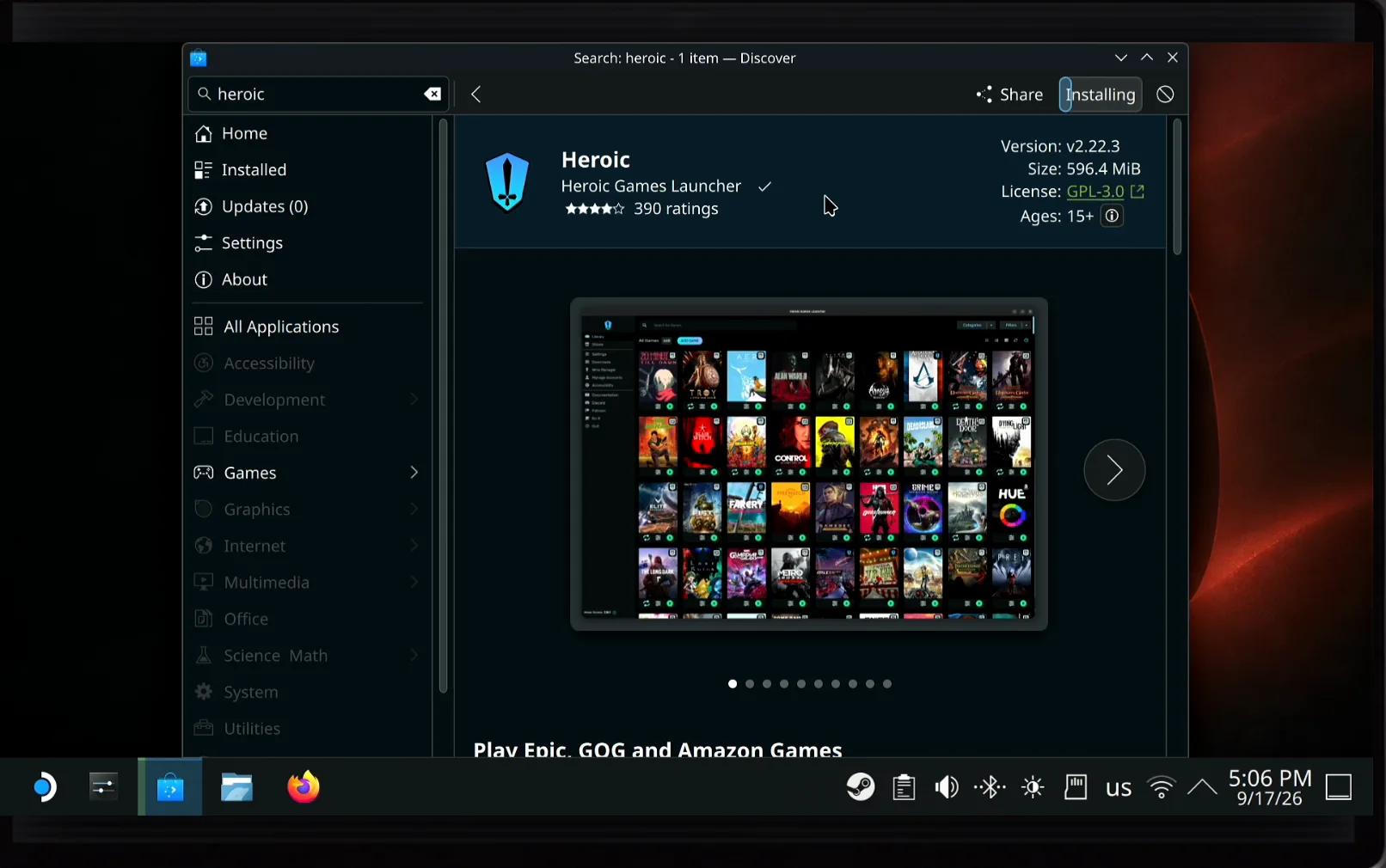 The Heroic Games Launcher page in Discover on the Steam Deck, its install button now reading Installing