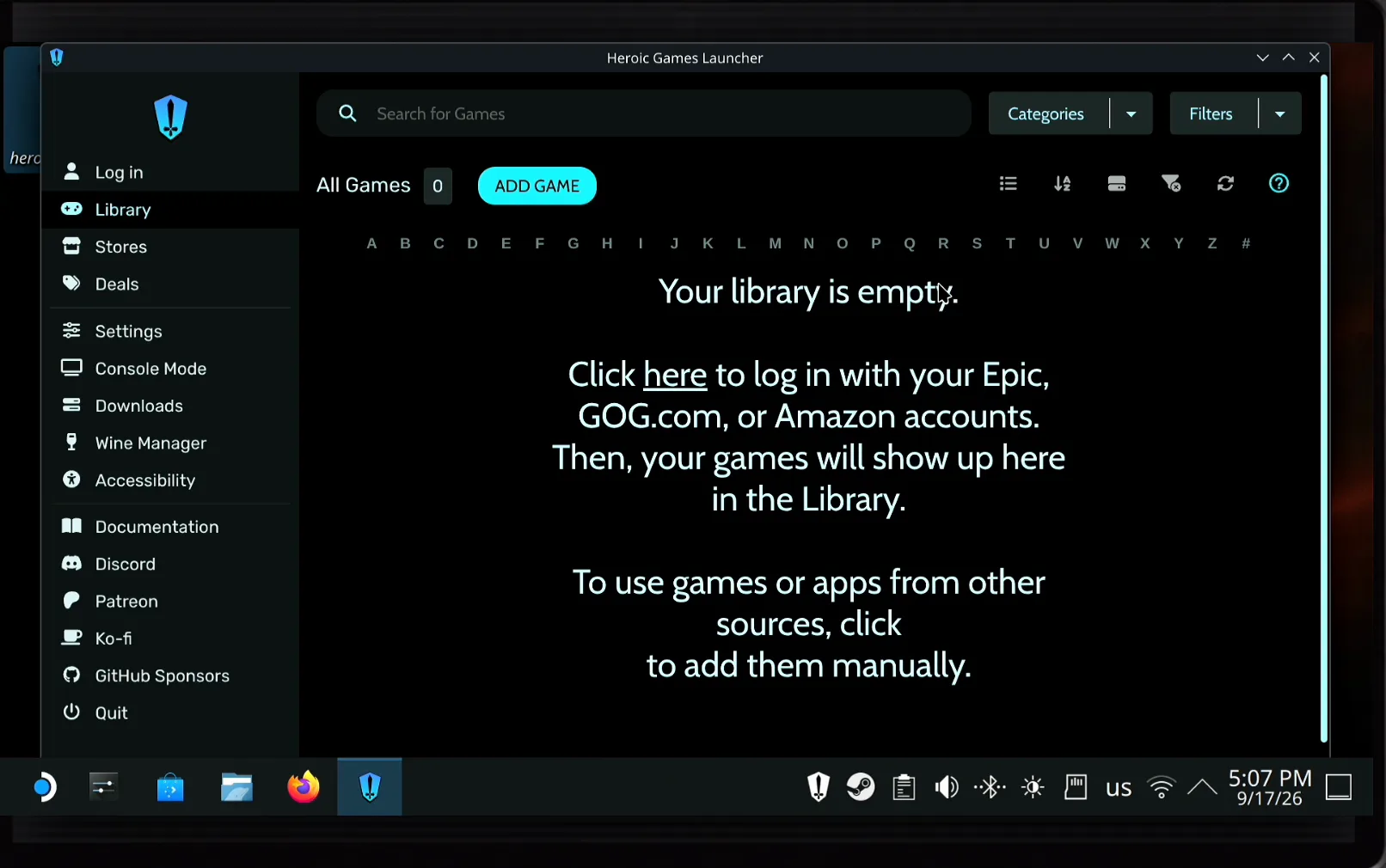 Heroic Games Launcher with an empty library and the message Click here to log in with your Epic, GOG.com, or Amazon accounts
