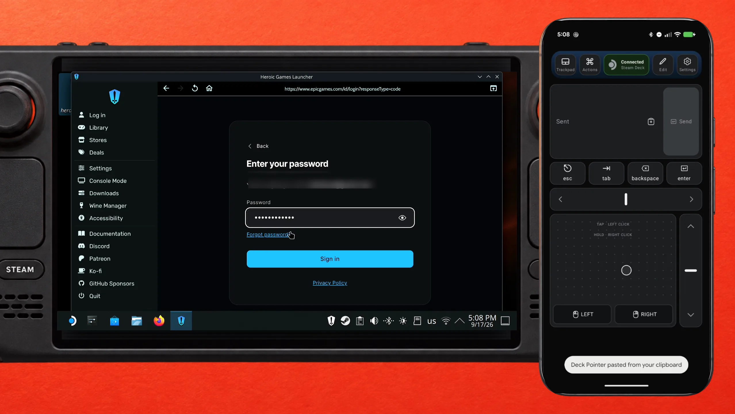 Epic's Enter your password page on the Steam Deck, next to Deck Pointer showing the toast Deck Pointer pasted from your clipboard