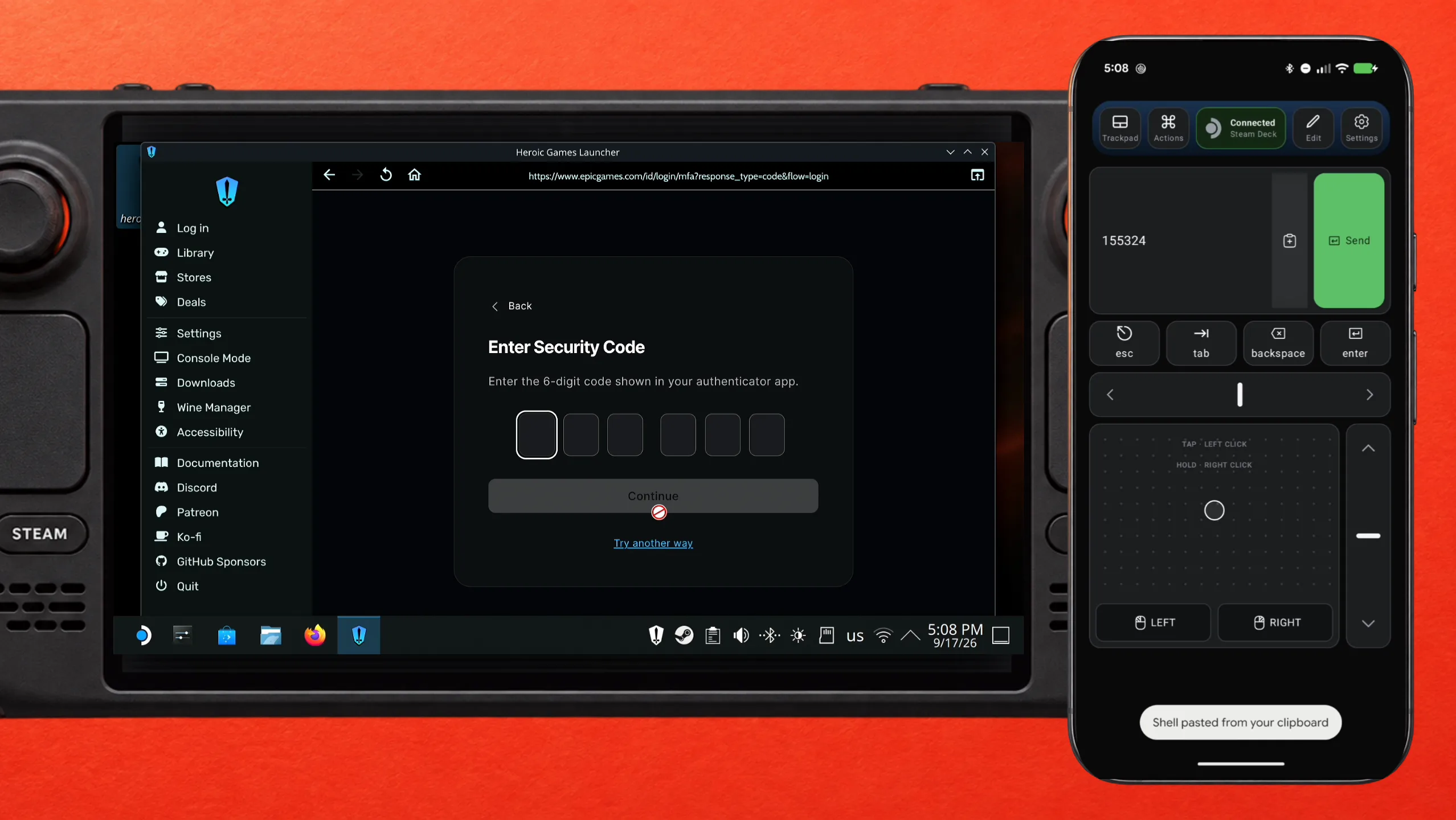 Epic's Enter Security Code screen on the Steam Deck, next to Deck Pointer with a six-digit code ready to send